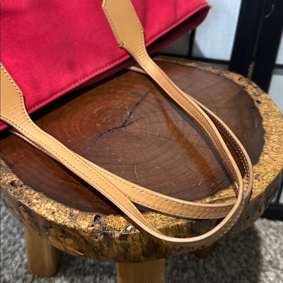 Tory Burch Large Red and Camel Brooke Canvas Tote | EUC | Striped Fabric Lining - Picture 6 of 11